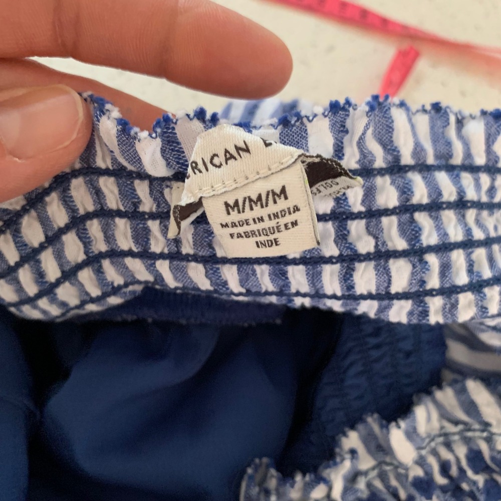American Eagle Blue White Striped Smocked Puff Sleeve Mini Dress Womens Medium - Picture 5 of 9